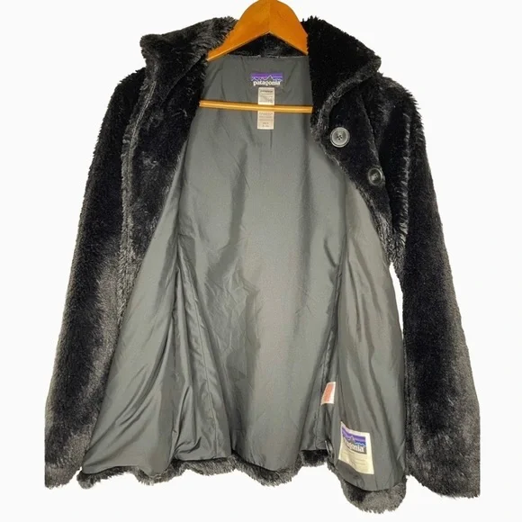 Patagonia Pelage Faux Fur Jacket Girls XL 14 Black Shawl Collar Cozy - Picture 4 of 9